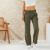 Women Solid Color Loose Cargo Pants Zipper Button Closure Casual Street Trousers with Pockets Black/Khaki/Wine red/Army Green