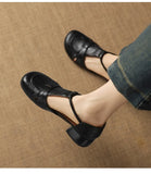 French Slip-on Single Shoes Retro British Shoes for Women Brown T-Strap Shallow Flat Sandals Soft Leather Rome  Summer New 32-43