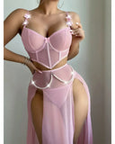 Women Sexy Lingerie Dress for Bow Knot Patchwork Mesh See-through Bra and Skirt Panties Set Underwear Erotic Lingerie