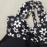 Vintage Black Flower Print Skirt Bikini Set 2026 Front Bow Crop Top Bathing Suit Swimwear Women's High Waist Swimsuit Tankini