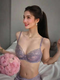 French Lace Lingerie Set Women Ultra Thin Sexy Underwire Bra&Panty Push Up Gather Breasts Pure Desire Large Breasts Support
