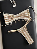 Striped Shell Fishnet Bandeau Bikini Women Swimsuit Female Swimwear Two Pieces Bikini Set Mini Micro Thong Bathing Suit Swim