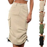 Womens Cargo Midi Skirt High Waist Multi Pocket Pencil Skirt Side Drawstring Ruched Split Hem Bodycon Summer Skirts Streetwear