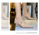 BIGTREE Crystal Mesh Fabric Pointed Toe Slippers Women Sexy Elegant Buckle Strap Party Prom Thin Low Heels Mule Shoes