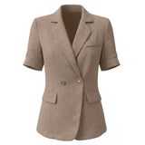 Women Textured Blazer Jacket Lapel Collar Double Breasted Half Sleeve Pocket Loose Suit Coat Elegant Office Summer Outerwear