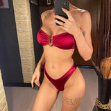 New Sexy Bandeau Strapless Bikini Female Swimsuit Women Swimwear Two-pieces Bikini set Padded Bather Bathing Suit Swim V4647D