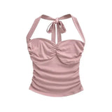 New Women's Fashion Sexy Backless Halter Neck Tie-up Ruched Tube Top Ultra-short Camisole Top In Solid Color Pure Desire F1MR