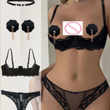 Sexy hollow half-cup bra set, lace push-up, push-up nipples, see-through thong and collar, four-piece set