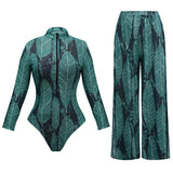 2025 New Long Sleeve Vintage Print One Piece Swimwear Zipper Conservatism Women Bathing Suit With Long Pants Surfing Swim Suit