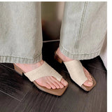 Fashion Summer Vacation Sandals Soft Woven Toe Flip-Flops Concise Square Toe Thick Heel Slippers Breathable Casual Women's Shoes