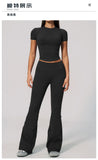 Seamless High Elasticity Yoga Sets Women Short Sleeve O Neck Sports T Shirts Workout Outfits Running Wide Leg Pants Fitness Suit