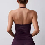 Women's Backless Yoga Sports Vest Neck Hanging Sexy Fitness Pilates Tight Long Top Gathered Sports Bra for Yoga
