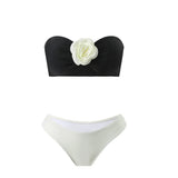 sexy 3d flower bandeau bikinis sets 3pcs with long mesh split skirt black white patchwork swimsuit bathing suit beach outfits