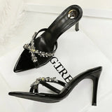 Water Diamond Women's Sandals Summer Cross Band High Heel Slip-On Shoes Leather Material Anti-Slip Rubber Sole Casual Style