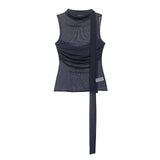 Women's Silk Mesh Scarf Top Women Dark Gray Mesh Halter Neck Sleeveless Top Ruched Front Tie Detail Sheer Casual For Party AFIA
