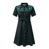 Western Cowgirl Printed Dress Halloween Cosplay Costume Summer Cowboy Button-Down Dress Short Sleeves 100% Cotton Sexy Dress