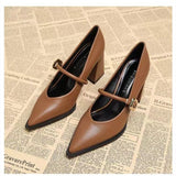 Single Shoes Fashion Pointed Toe Not Tired Feet One Word Belt Soft Sole Non-slip Block Heel Leather Shoes