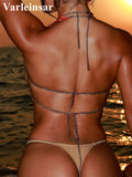 Pearls Beads Halter See Through Bikini Top Female Swimsuit Women Swimwear Bather Bathing Suit Swim Hollow Out Beach Top V8224