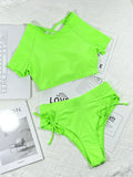 2026 New Sexy Two Piece Swimsuit Swimwear Women Fluorescent Green Hollow Straps High Waist Bathing Suit Beachwear Short Sleeve