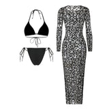 Sexy Hole Out Mesh Long Sleeve Dress 3 Piece Swimsuit 2026 Women Black Summer Push Up Thong Bikini Holiday Bathing Suit Swimwear