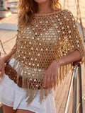 2026 New Women's Tassel Knit Cover-ups Tops Sparkly Sequin Hollow Out Crochet Shrug Shawl Poncho Loose Fit Casual Beach Wear