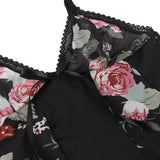 Sexy Women Mesh Printed Honeymoon Nightgown Lace Trim Adjustable Strap Sleep Dress Sheer Black Chemise Lingerie XS-L With Thong