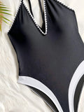 sexy deep v-neck swimsuit one piece black white patchwork bikinis backless hollow bikini thong bathing suits Swimwear Biquini