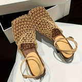Women's Sandals Summer Luxury Designer  Lace Mesh Square Toe Shallow Narrow Strap Braided Slip-on High Heels Sandals