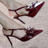 New French Beautiful Pointed Toe One Strap Stiletto High Heel Shoes Women's Bow Knot Hollow Wrapped Toe Sandals