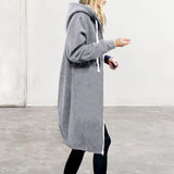 Women Sweatshirt Coat Hooded Adjustable Drawstring Long Sleeve Coat with Pockets Solid Color Mid-length Outerwear