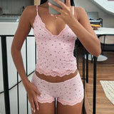 Cute Pink Floral Lace Patchwork Two-piece Pajamas Set for Women Sleepwear Sleeveless Camisoles and Slim Shorts Loungewear