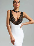 Ahagaga Lace Women's Party Maxi Dresses Solid Skinny V-Neck See Through Camisole Blackless Bodycon Sleeveless Vestidos Robes
