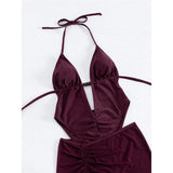 Sexy With Skirt Halter Deep V Neck Women Swimwear One Piece Swimsuit Female High Leg Cut Backless Bather Bathing Suit Swim V8112