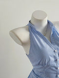 Summer Casual Shirt Women's Blue Striped Halter Top V Neck Button Down Sleeveless Slim Fit Blouse 2026 Y2K Style Streetwear