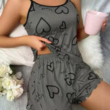women's heart-shaped printed pajamas set sexy pajamas silk pleated vest shorts set soft and comfortable home wear sweet and cute