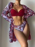3 Pieces Push Up Bikinis 2026 Women With Kimono Beach Printed Swimsuit Sexy Swimwear Female Bathers Bathing Swimming Swim Suit