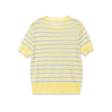 Fashionable Casual Striped Short-sleeve Knit Shirt Women Yellow Blue Striped Short Sleeve Knit Top Crew Neck Summer T Shirt SEUY