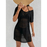 S - XL V Neck Short Sleeve Hollow Out Knitted Tunic Beach Cover Up Cover-ups Beach Dress Beach Wear Beachwear Female Women V8214