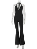 Ahagaga Sexy Women Jumpsuits Solid Halter Deep V-Neck Sheath Club Casual Streetwear Bandage High End Backless Sleeveless Rompers