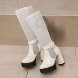 Plus Size Mesh Fabric Splicing PU High Socks Boots Ankle Buckle Ultra Thick Heel Back Zipper Breathable Summer Knee High Boots
