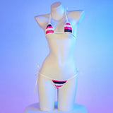 Summer PU Leather Micro Bra Bikini Set Swimsuit Stripes Bright Anime Swimwear Women Erotic Underwear Sexy Lingerie Costume