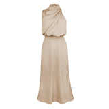 Foridol One Shoulder Turtleneck Tank Satin Women Party Dress Robe Zip Sleeveless Elegant Vintage Folds Women Clothing 2025