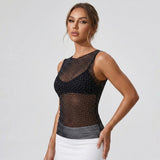 Women Sheer Rhinestones Tank Tops Mesh Sleeveless Shirt Aesthetic Beach Club Sexy Basic Vest Streetwear Summer