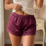 Women Casual Loose Summer Shorts Solid Color Elastic Waist Lace Trim Shorts for Daily Wear, Lounge