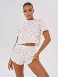 Heart Print Casual Round Neck Short Sleeve Shorts Two-piece Set Pajamas Set Women Summer Sleepwear Home Wear
