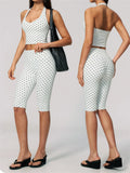 New Summer Women White Polka Dot Print Yoga Sets Hanging Neck Slim Sport Vest High Waist Mid Pants Gym Two-piece Workout Clothes