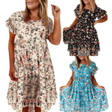 Summer Lady Ruffle Mini A Line Dress Women Casual Floral Print Dresses O Neck Elegant Short Sleeve Midi Dress Vacation Vestidos