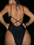 Shiny Sequins Hater V Neck One Piece Swimsuit Women Swimwear Female High Leg Cut Monokini Bather Backless Bathing Suit Swim Lady