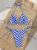 Sexy Pink Plaid Micro Bikini 2026 Women Halter Push Up Bra Tie Side Thong Swimsuit Brazilian Beach Bathing Suit Swimwear Biquini