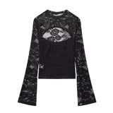 Women's Fashion Casual Lace Patchwork Hollow Bell Sleeve Blouse Women Pack Lace Sleeve Tops Black White Sheer Mesh Casual DOS5
